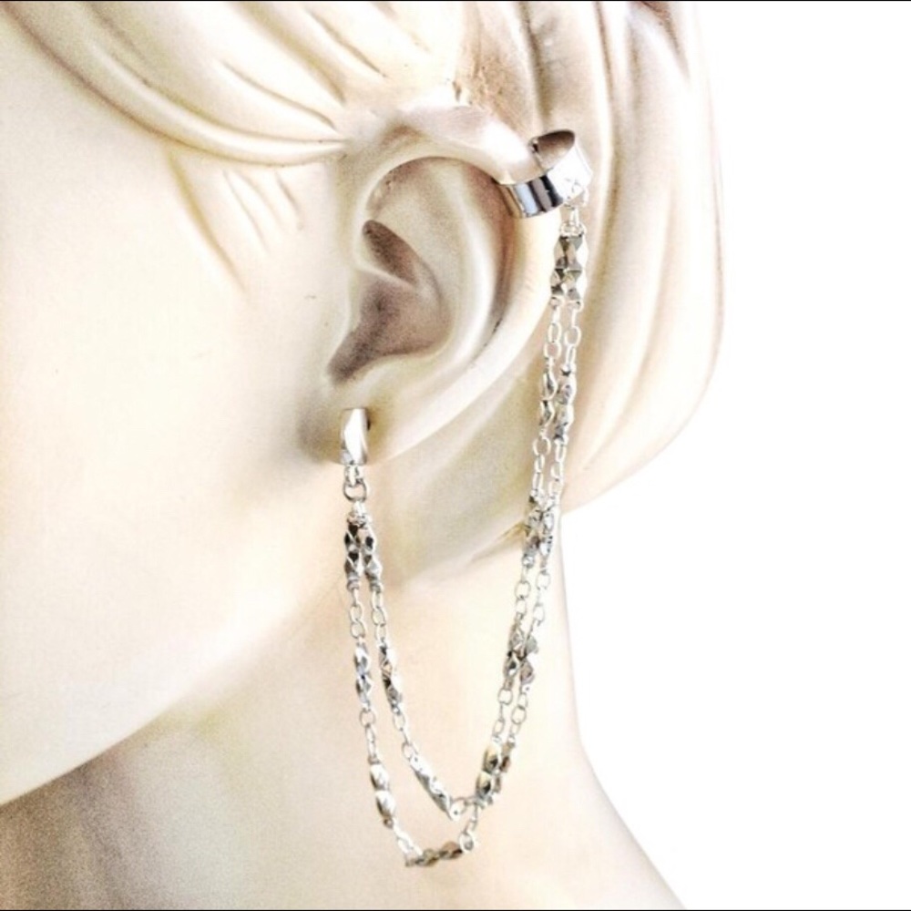 BCBGENERATION EAR CUFF EARRINGS STUD SILVER CHAIN